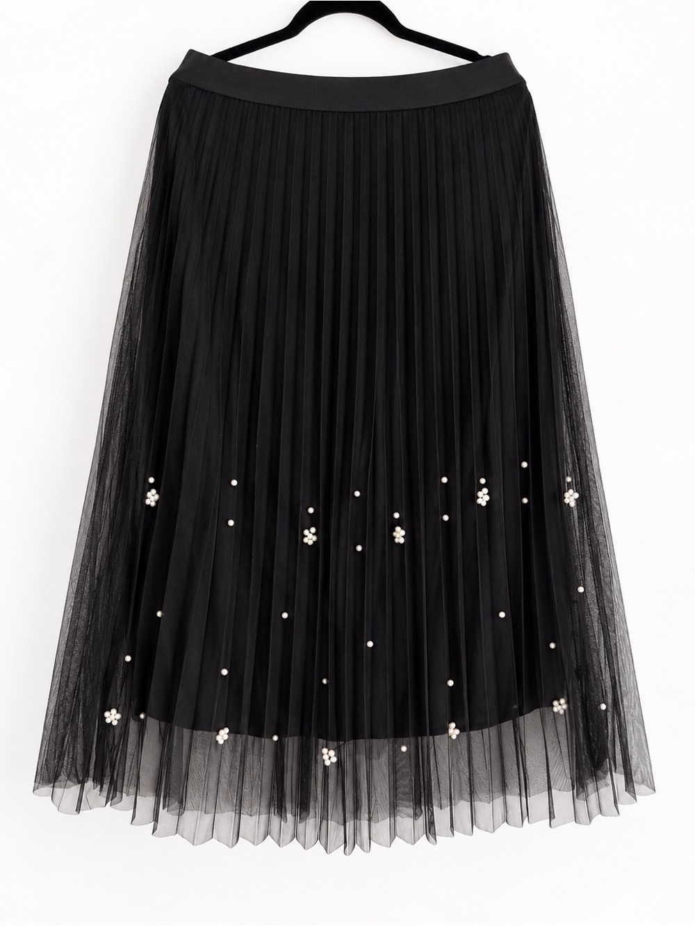 Anthropologie Black Pleated Midi Tulle Skirt with Pearl Accents